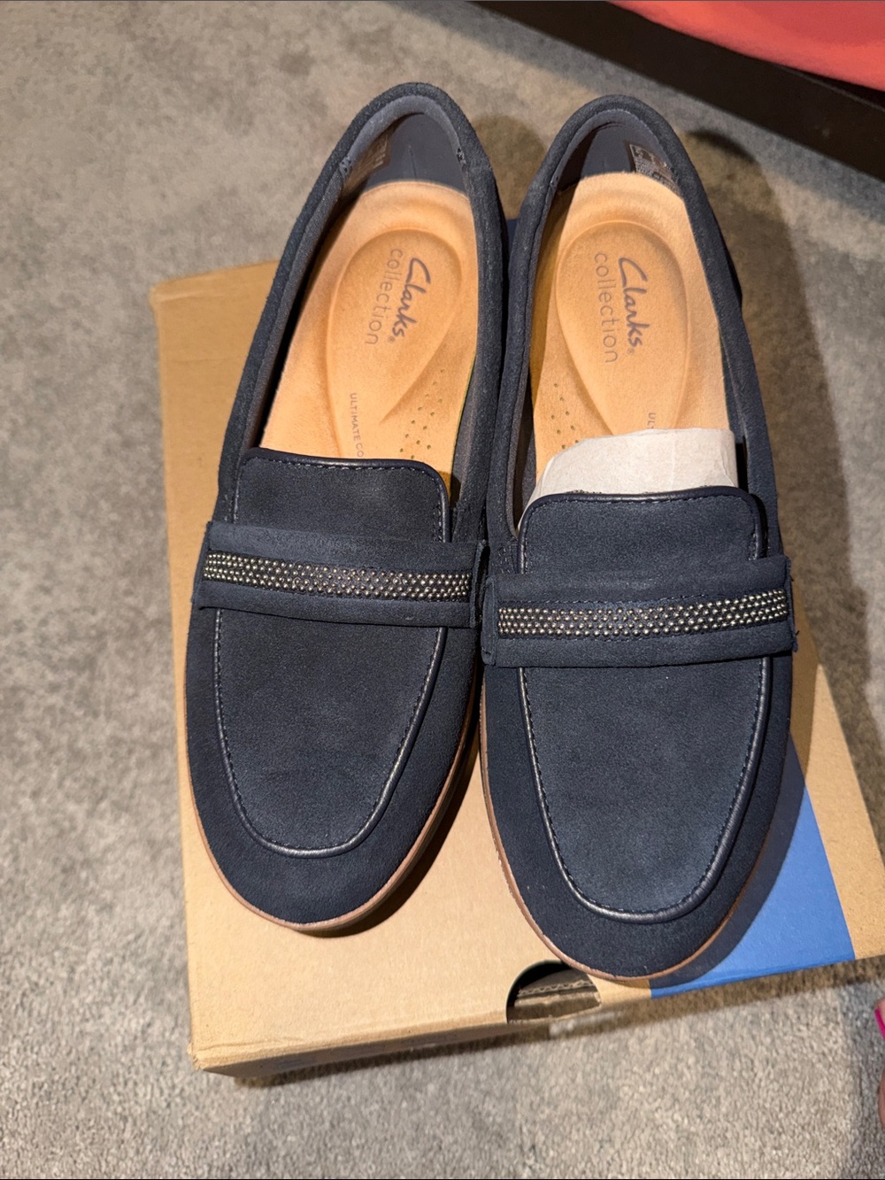 Clarks Navy Suede Slip-On Loafers with Studded Strap Accent - Picture 5 of 6